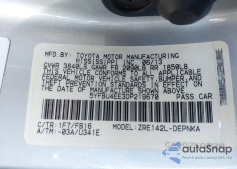 2013 Toyota Corolla Le z USA, uszkodzony, nr VIN 5YFBU4EE3DP219670